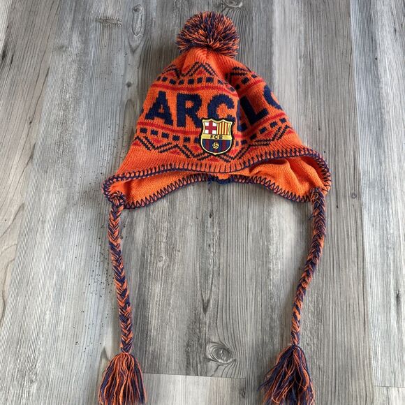 FCB Barcelona Peruvian Beanie Double Layered Ear Flap Soccer Winter Hat Youth XL - Picture 1 of 10